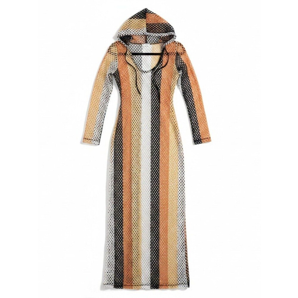 Women’s Hooded Mesh Swim Coverup in Black, White & Tan Stripes